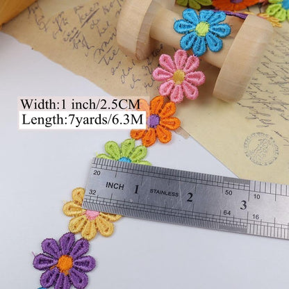 Daisy Flower Lace Trim Embroidered DIY Handmade Patchwork Ribbon Sewing Supplies Crafts 2.5CM Wide 7Yards Colorful