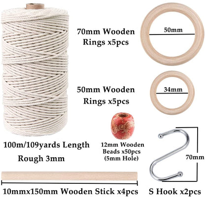 119pcs Macrame Kits for Starter 3mm x 109Yards Natural Cotton Macrame Cord with 100pcs Wooden Beads,10pcs Wooden Rings,Wooden Sticks,Metal Rings,S Hooks Macrame Supplies for Plant Hangers