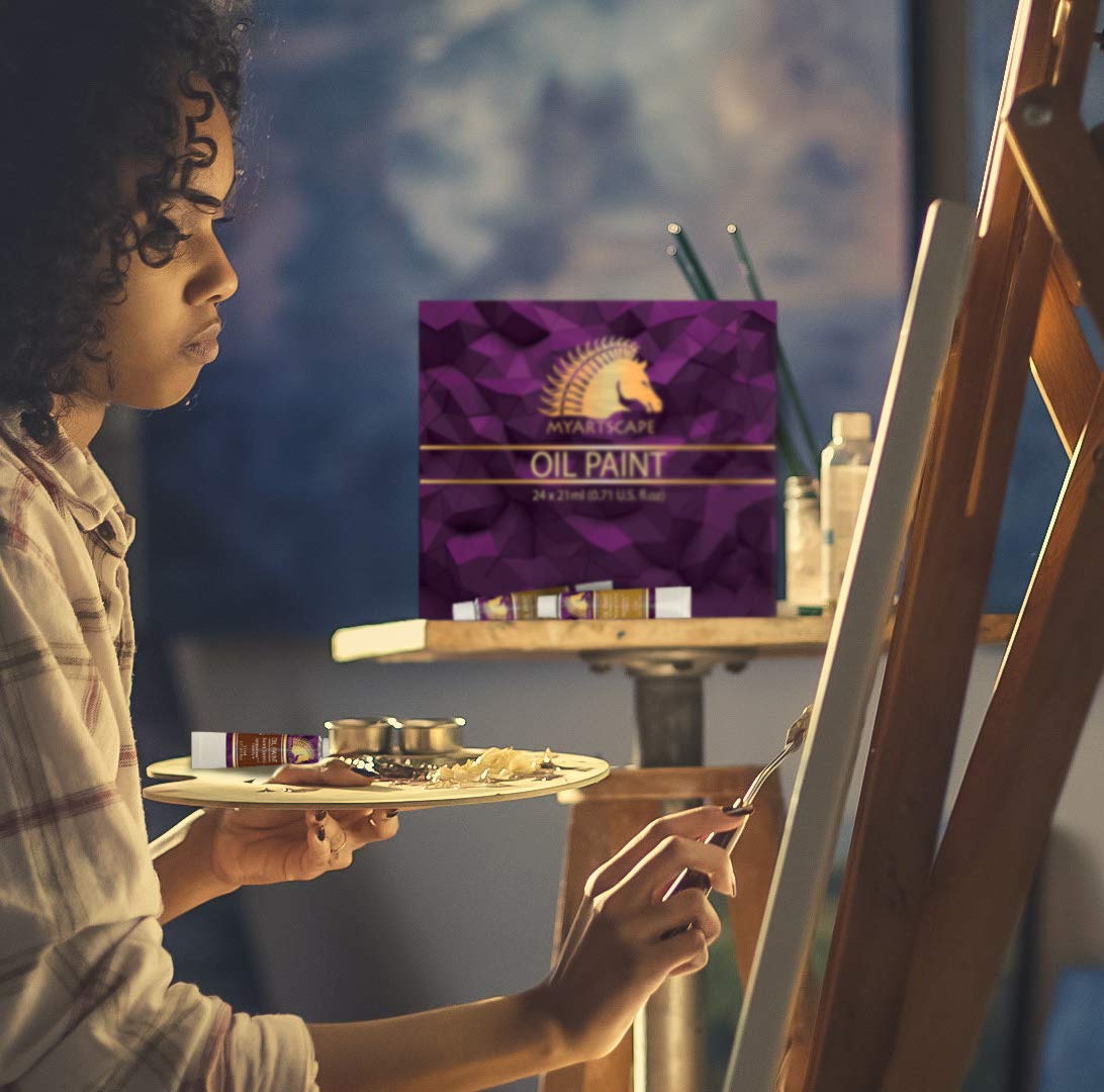 Oil Paint Set - 24 x 21ml Tubes - Artist Quality - Rich Vivid Oil-based Colors - Lightfast - Heavy Body - Great Saturation - Glossy Finish - Professional Painting Supplies