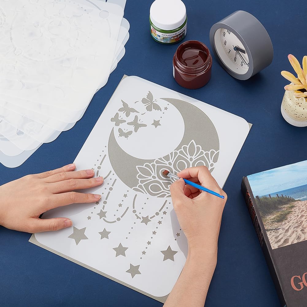 9PCS/Set Sun Moon Wall Stencils for Painting 12x8 Mandala Tile Stencil Large Flower Star Concrete Floor Stencils Reusable Drawing Template for Painting Wood Canvas Furniture Patio Home Decor