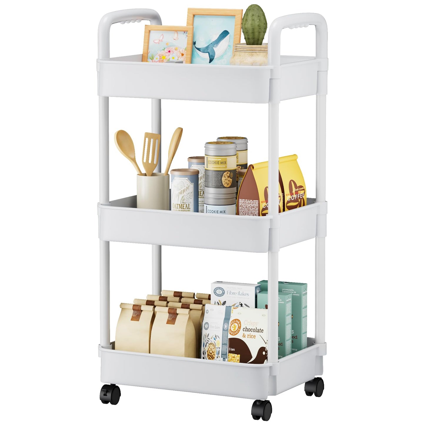 3 Tier Rolling Cart, Plastic Diaper Cart Organizer with Wheels, Roller Cart for Diapers, Baby Nursery, Kitchen, Bathroom, Living Room and Bedside, White