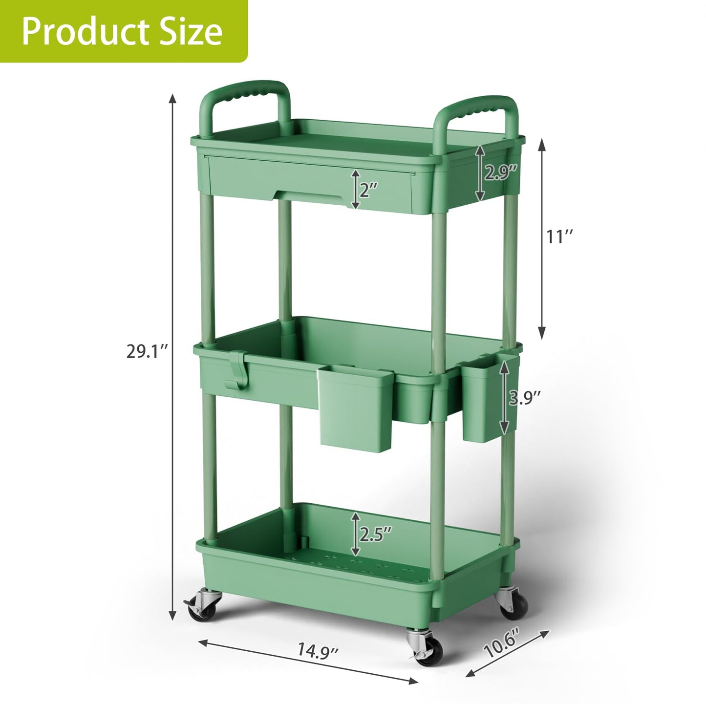 3 Tier Rolling Cart Organizer,Laundry Room Bathroom Organizers and Storage Office Shelves Mobile Shelving Unit Kitchen Trolley Cart with Wheels for Art,Craft,Diaper,Bedside,Snack(Green)