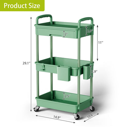 3 Tier Rolling Cart Organizer,Laundry Room Bathroom Organizers and Storage Office Shelves Mobile Shelving Unit Kitchen Trolley Cart with Wheels for Art,Craft,Diaper,Bedside,Snack(Green)