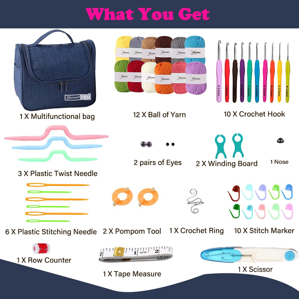 Crochet Kits for Beginners, All in One Crochet Kits with 840 Yards Crochet Yarn, 10 Size Ergonomic Crochet Hooks 2.0mm~6.5mm