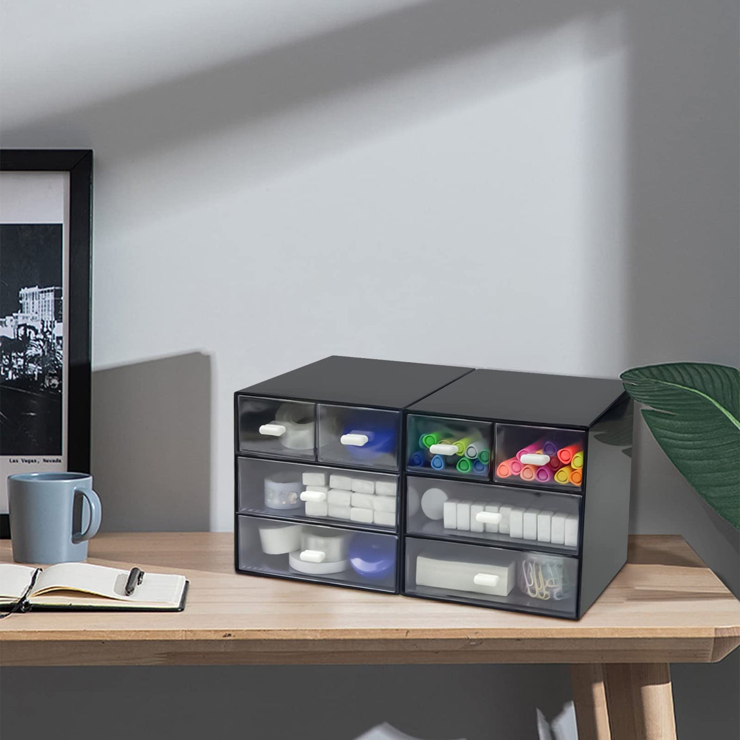 Desk Organizer with Drawer, Desk Storage Box, Plastic Office Stationery Supplies Organizers, Desktop Organizer for Office School Home (4 drawer, Black)