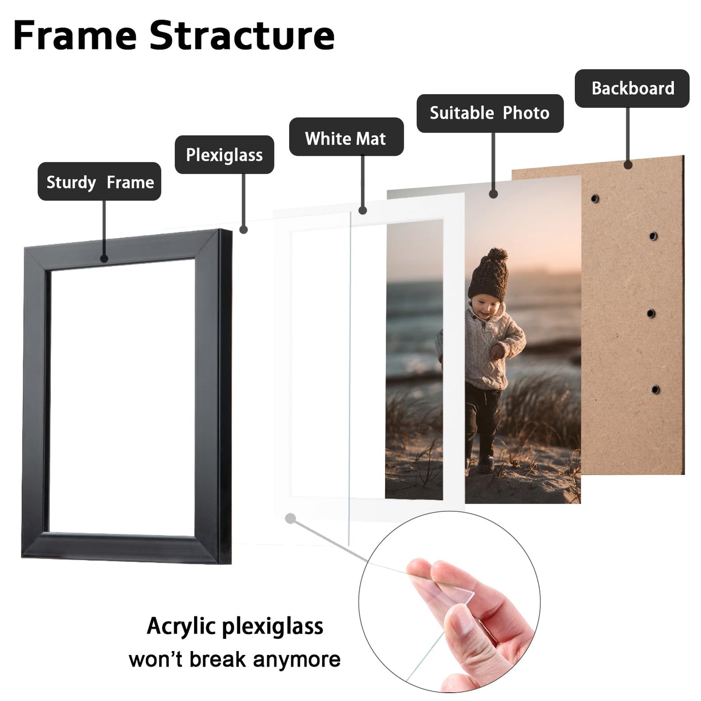 5x7 Picture Frame Black Set of 4, Wooden Photo Frames Matted 4x6 with Plexiglass for 4x6 with Mat or 5x7 without Mat for Table and Wall Display