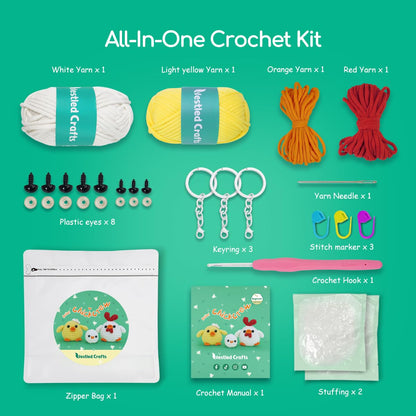 Beginners Crochet Kit, Amigurumi Crochet Animal Kit, Easy Learn to Crochet with Step-by-Step Video Tutorials, 3PCS The Chick Family for Kids & Adults