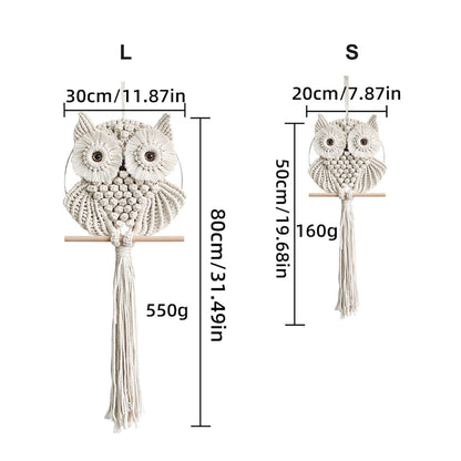 Owl Macrame Wall Hanging-Hand Woven Boho Tapestry-Macrame Wall Decor -Owl Decor for Bedroom, Living Room, Nursery (Beige-Small)