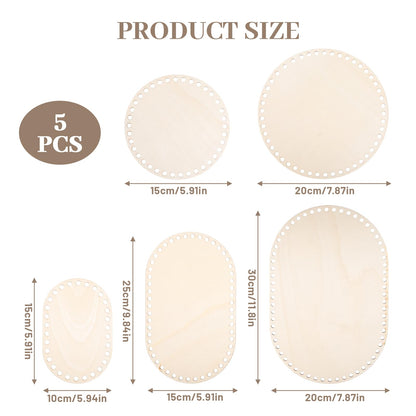 5Pcs Wooden Basket Bottom, 5 Sizes Oval Circle Blank Crochet Basket Wood Base, Basket Making Supplies Basket Bottoms for Crochet Base, Basket Weaving Supplies Knitting Basket