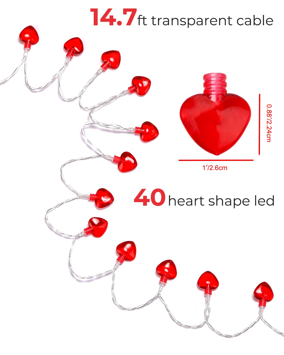 14.7ft 40LED Mothers Day Decorations String Lights, Battery Operated Heart Shape Hanging Garland Valentines Day Decor for Indoor Outdoor Home Room Party Wedding