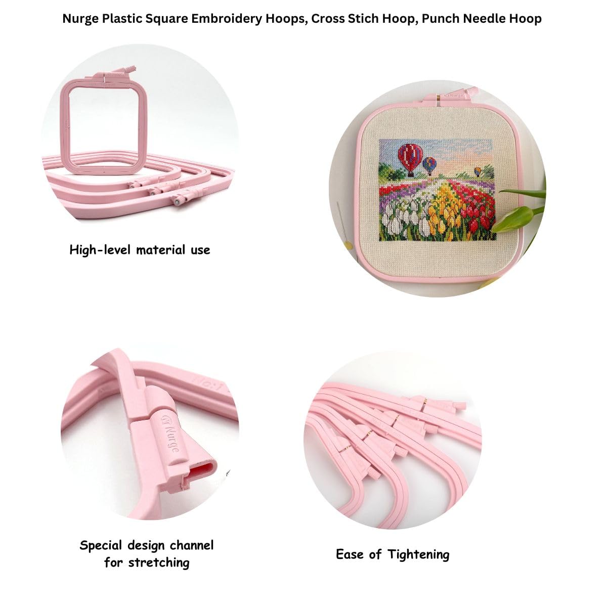 Pink 4 Pcs Set Plastic Square Embroidery Hoop, Cross Stitch Hoops, Punch Needle Hoop , DIY Craft Sewing,ABS Plastic Embroidery Hoops