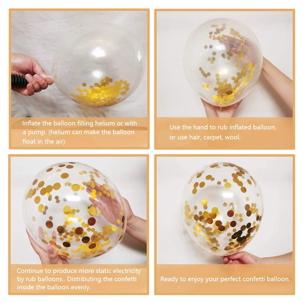 Black and Gold Confetti Balloons, 50 Pack 12inch White Latex Party Balloon Set with Gold Ribbon for New Year Graduation Birthday Baby Shower Decorations