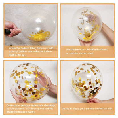 Black and Gold Confetti Balloons, 50 Pack 12inch White Latex Party Balloon Set with Gold Ribbon for New Year Graduation Birthday Baby Shower Decorations