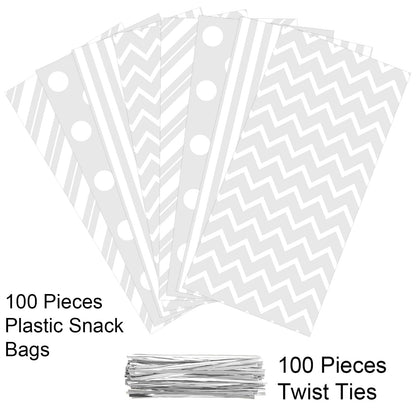 100 Pack White Cellophane Bags Plastic 10.6 x 5.1 Inch Candy Bags Gift Bags Goodie Bags with Twist Ties for Valentine, Birthday, Gift Cookie Snack Packing Party Favor Supplies