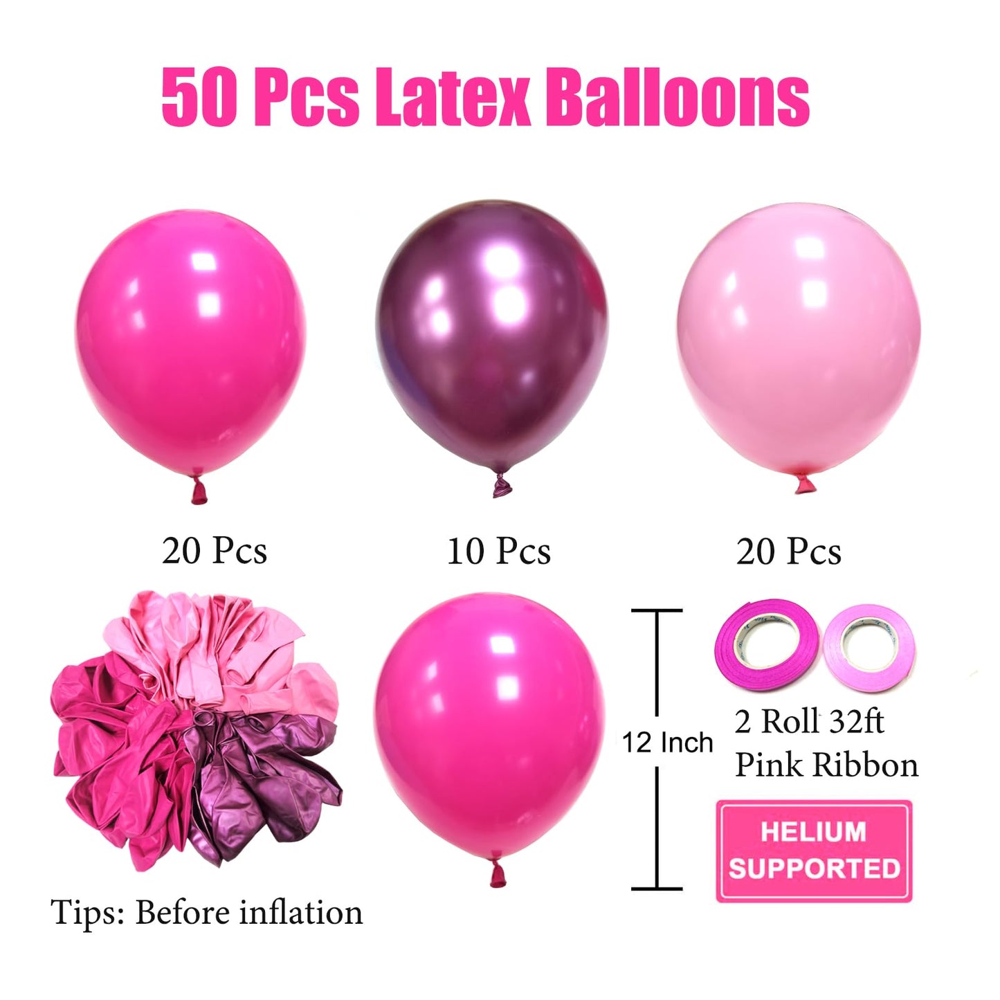 Pink Balloons Metallic Pink Balloon, 50Pcs 12Inch Hot Pink Chrome Pink Latex Balloons Baby Pink Balloon and Dark Magenta Pink Balloons for Birthday Baby Shower Princess Party Decorations