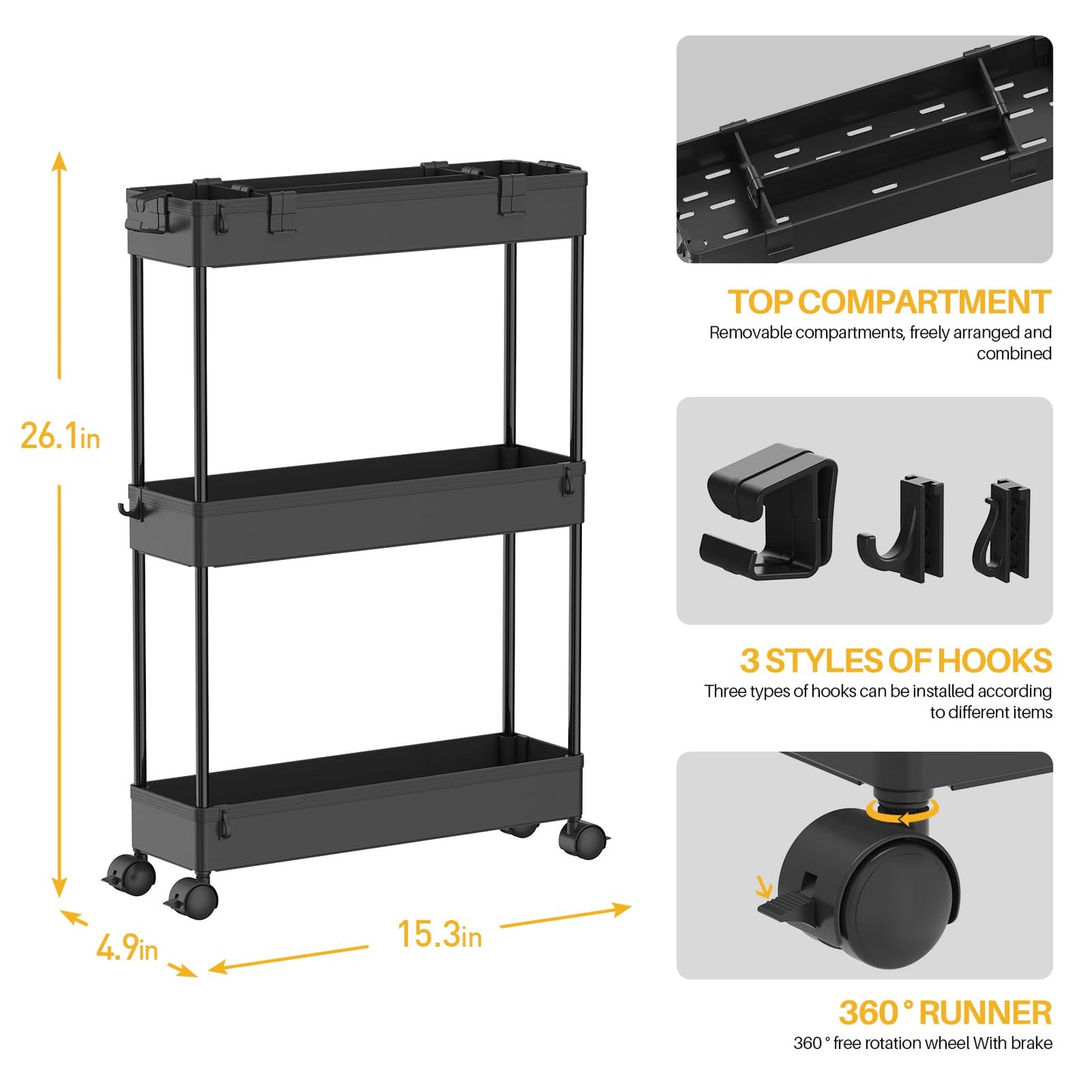 Slim Storage Cart 3 Tier,Bathroom Organizer Rolling Utility,Mobile Shelving Unit Slide Out for Office, Kitchen, Laundry Room & Narrow Places,Black