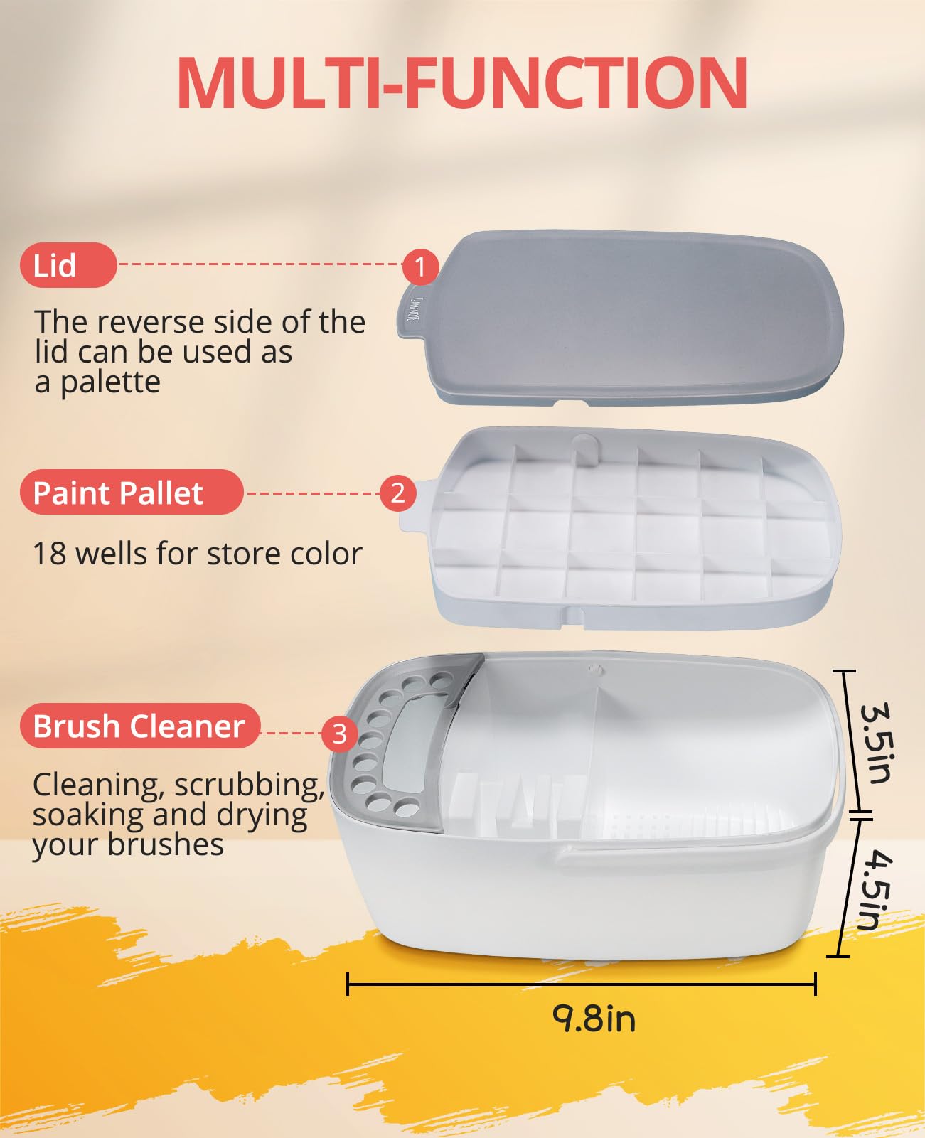 Paint Brush Cleaner - Paint Brush Holder with Palette and Handle,Rinser for Acrylic, Watercolor, and Water-Based Paints, Painting Art Supply Storage Organizer (White+Grey)