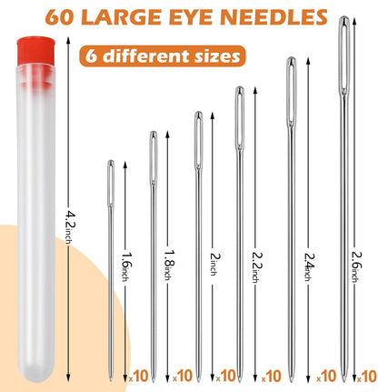 60 PCS Large Eye Sewing Needles, 6 Sizes Hand Sewing Needles, Leather Needle Embroidery Thread Needle, Stainless Hand Quilting Needles with Threaders for Hand Sewing Art Crafts