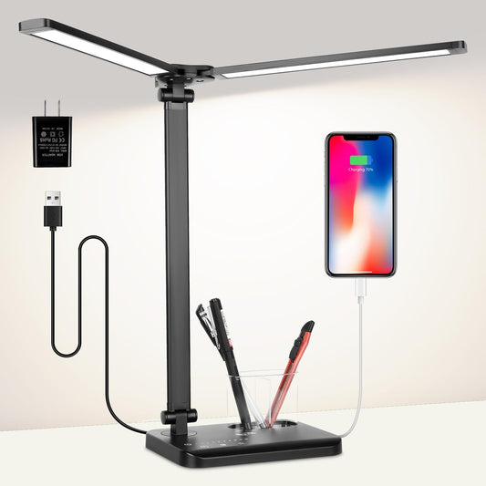 LED Desk Lamp with Dual Heads, 5 Color Modes & 10 Brightness Levels, Adjustable Reading Light for Home Office, Bedroom, Study, Craft (Black, Includes Adapter)