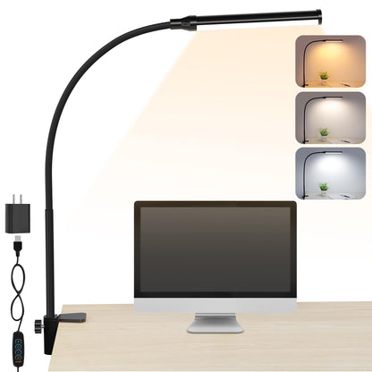 LED Desk lamp with Clamp, Eye-Caring Clip Lights for Home Office, 3 Colors Full Brightness, Flexible Gooseneck USB Adapter Table Lamp, Black