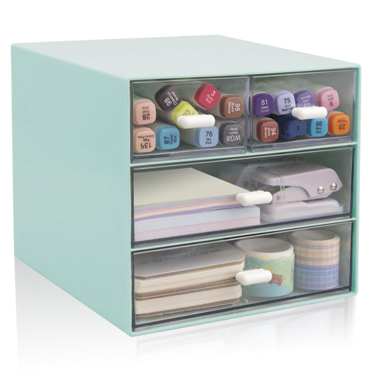 Desk Organizer with Drawer, Office Organizer with 4 Drawers, Desk Storage Box for, Desktop, Dressing table, Office, School, Home, Plastic Box and 4 Acrylic Drawers(Blue)