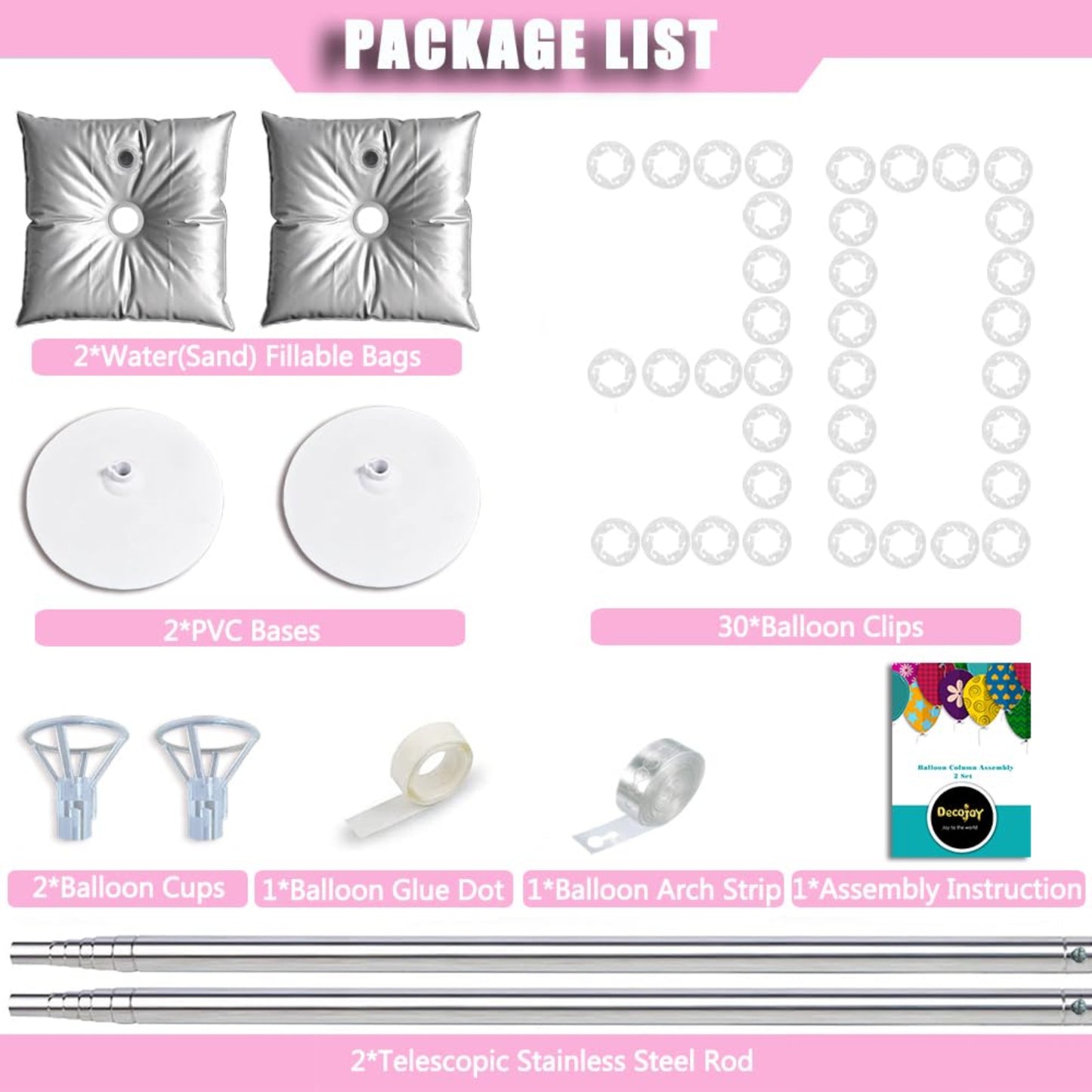 Balloon Column Stand Set of 2, Adjustable 7 Feet Ballon Arch Stands with Bases for Floor, Tall Baloon Tower Pillar Assembly Kit for Halloween, Birthday, Party Decorations