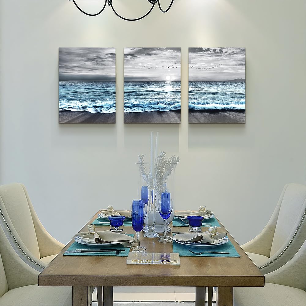 Wall Decorations For Living Room 3 Piece Framed Canvas Wall Art For Bedroom Office Wall Decor Black And White Beach Wall Painting Blue Ocean Wave Pictures Artwork Modern Posters Home Decor