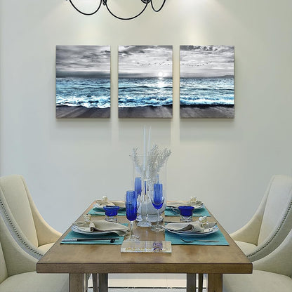 Wall Decorations For Living Room 3 Piece Framed Canvas Wall Art For Bedroom Office Wall Decor Black And White Beach Wall Painting Blue Ocean Wave Pictures Artwork Modern Posters Home Decor