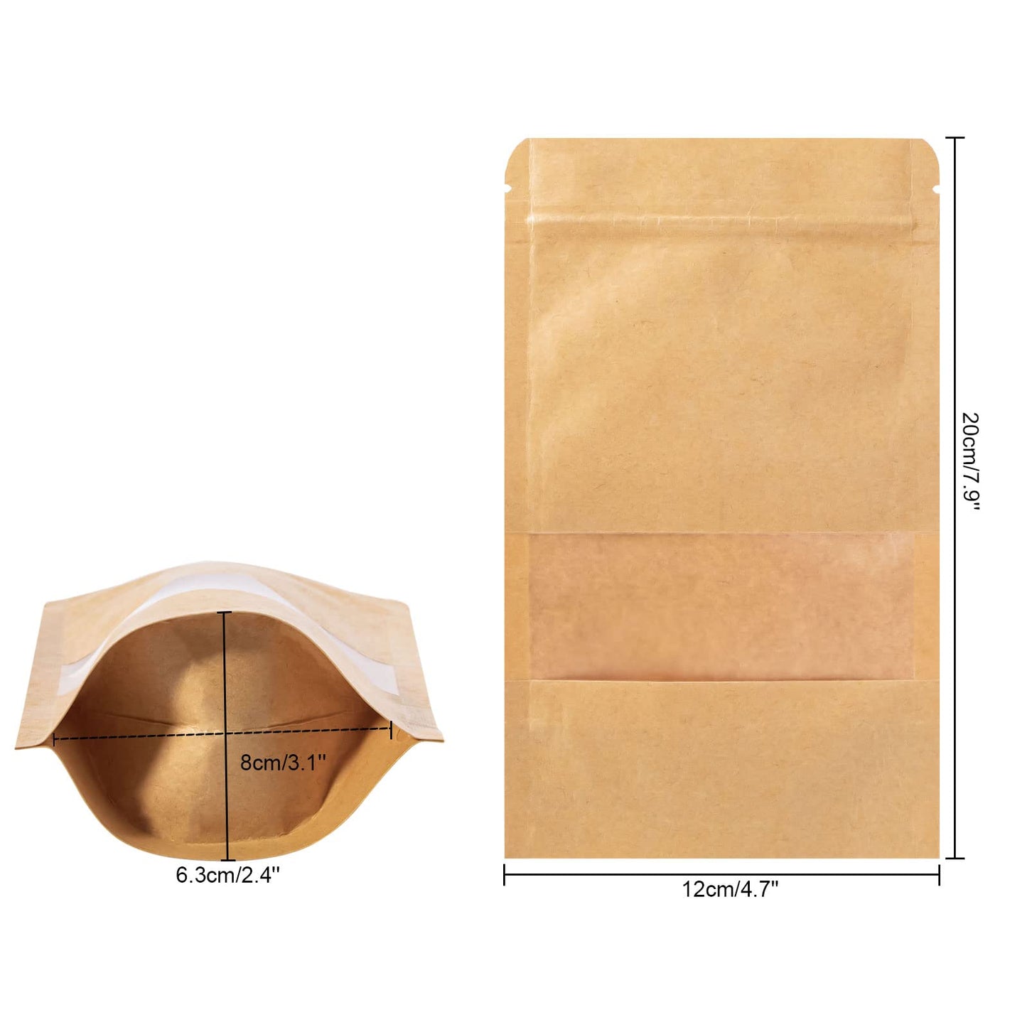 Stand Up Pouches 100pcs, 7.8''×4.6'' Resealable Bags for Small Business, Resealable Kraft Paper Bags with Window, Paper Bakery Bag for Small Business, Family, Company