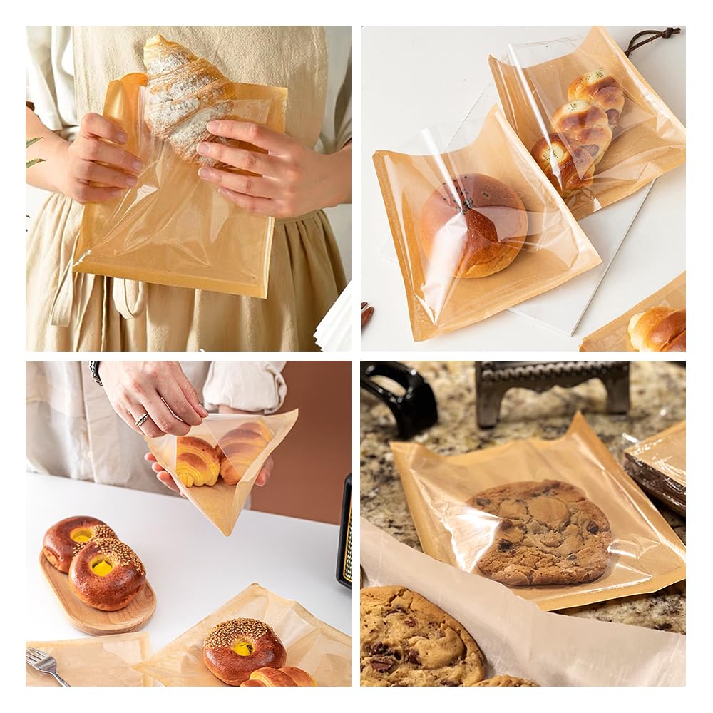 100 Pcs Bakery Bags with Window, 7.1 x 7.5 Inches Paper Sandwich & Donut Bags for Treat, Snack & Cookie Packaging (Brown)