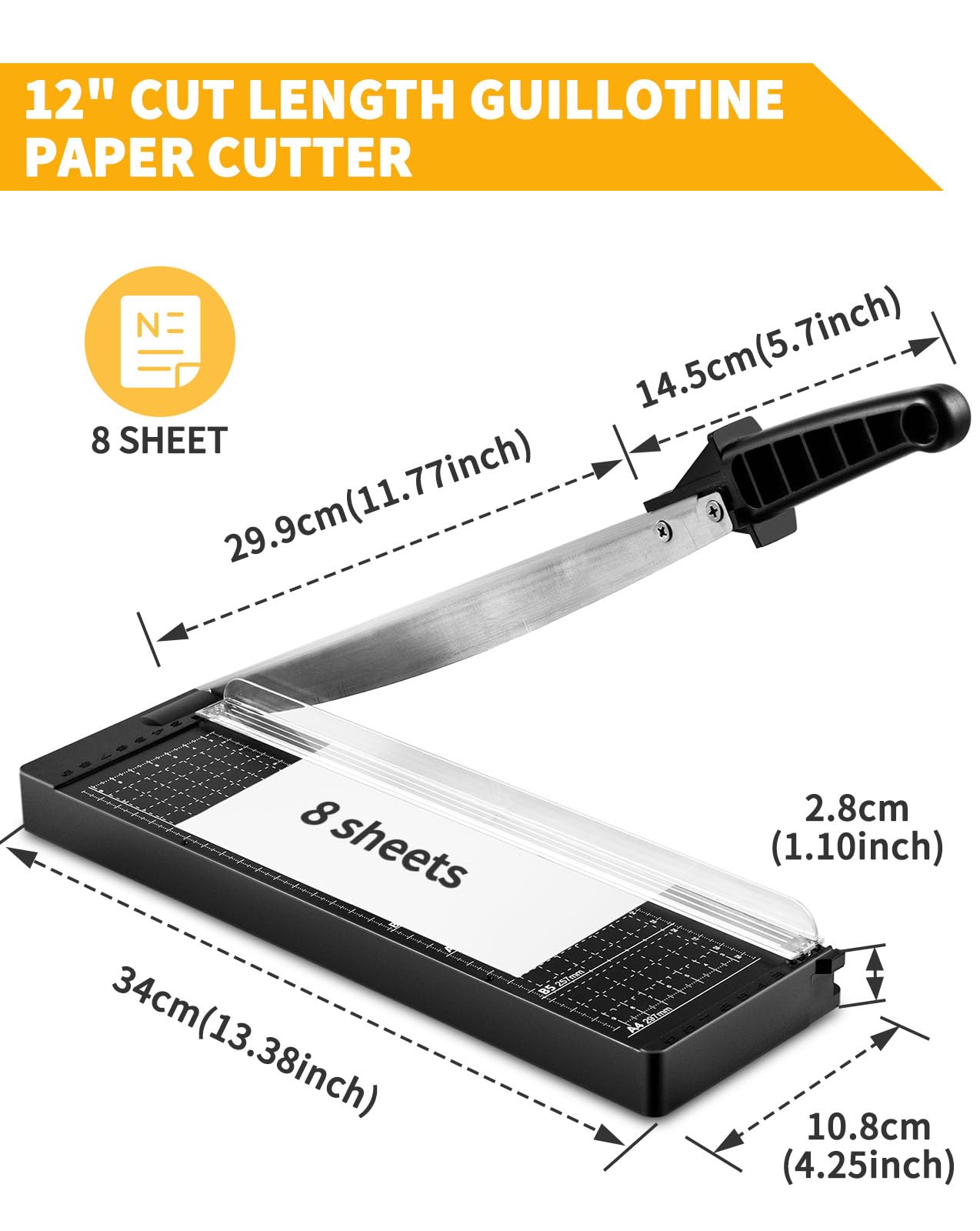 Paper Cutter 12 Inch, 8 Sheet Capacity, Heavy Duty Paper Cutter for Cardstock, Guillotine Paper Trimmer for Crafting, Classroom and Office