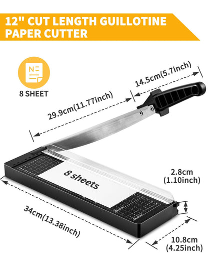 Paper Cutter 12 Inch, 8 Sheet Capacity, Heavy Duty Paper Cutter for Cardstock, Guillotine Paper Trimmer for Crafting, Classroom and Office