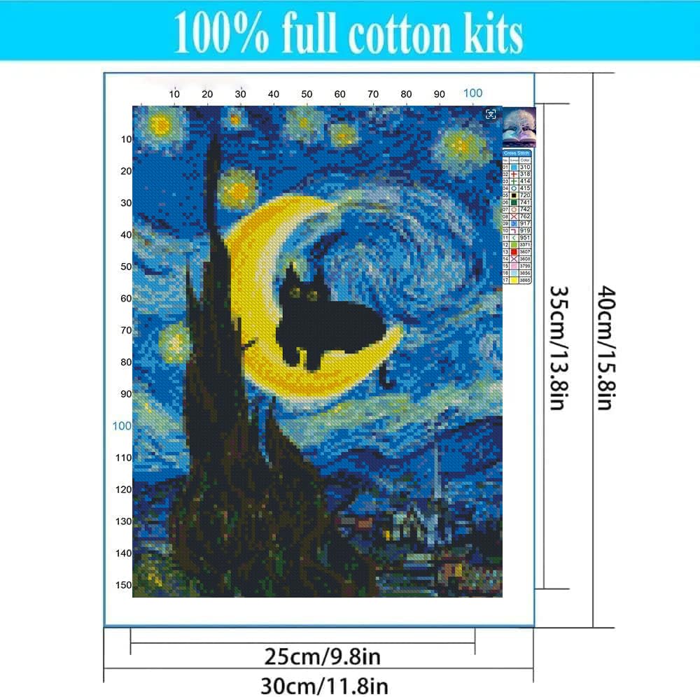 4 Pack Cat Starry Sky Flower Window Stamped Cross Stitch Kits - Embroidery Kits for Beginners Adults,11 CT Patterns Dimensions Counted Cross Stitch Kits Arts Craft Kits 12x16inch