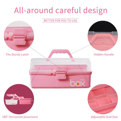 12in Three-Layer Multipurpose Storage Box Organizer Folding Tool Box/Art & Crafts Case/Sewing Supplies Organizer/Family First Aid organizer/Medicine Storage with 2 Trays (Pink)