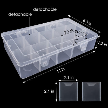 15 Large Grids Plastic Organizer Box with Dividers, Exptolii Clear Compartment Container Storage for Washi Tapes Beads Crafts Jewelry Fishing Tackles, Size 11 x 6.3 x 2.2 in