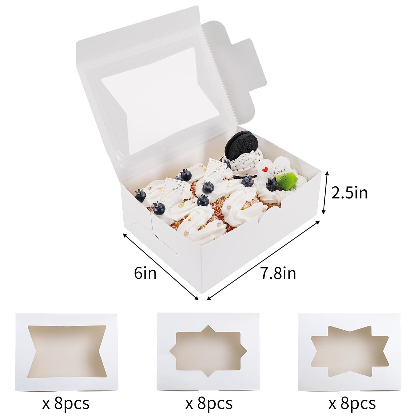 24pcs Cookie Boxes with with 3 Style Window, 8x6x2.5 Bakery Boxes for Candies, Chocolate Strawberries, Cakes, Muffins, Donuts