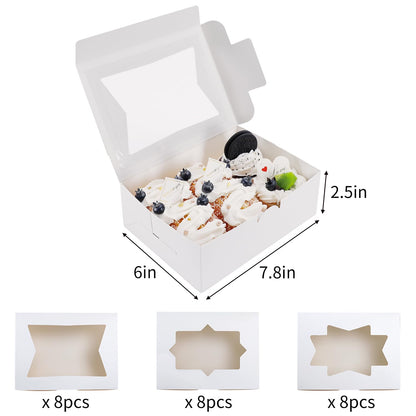 24pcs Cookie Boxes with with 3 Style Window, 8x6x2.5 Bakery Boxes for Candies, Chocolate Strawberries, Cakes, Muffins, Donuts