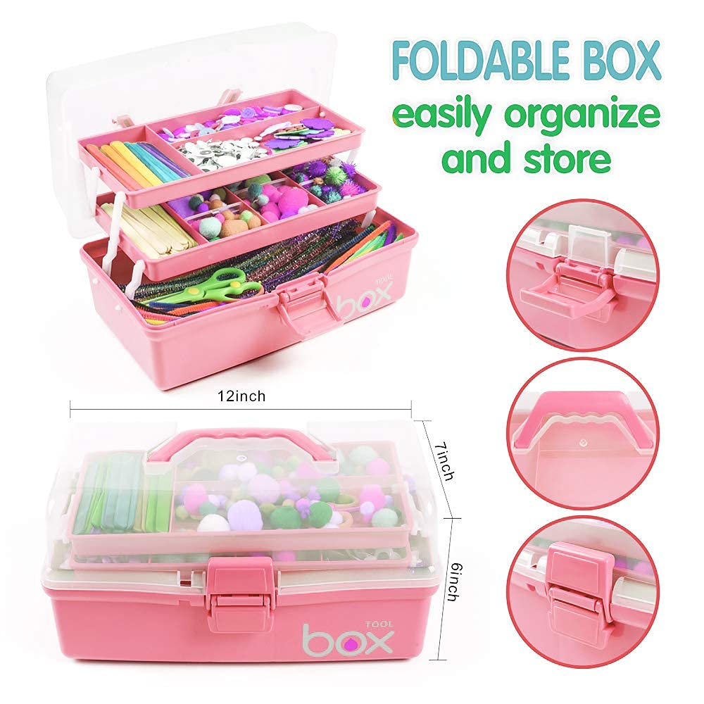 12in Three-Layer Multipurpose Storage Box Organizer Folding Tool Box/Art & Crafts Case/Sewing Supplies Organizer/Family First Aid organizer/Medicine Storage with 2 Trays (Pink)
