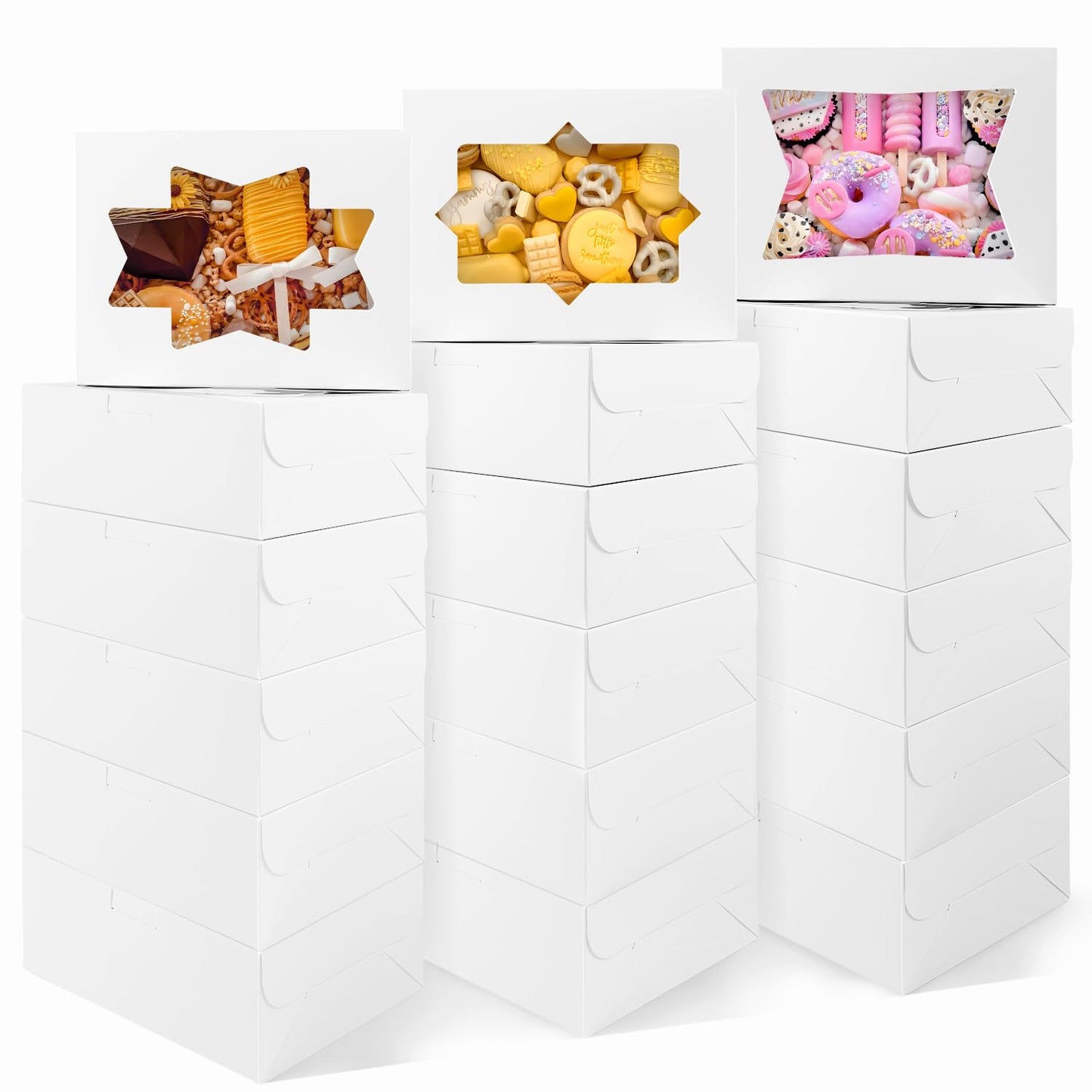 24pcs Cookie Boxes with with 3 Style Window, 8x6x2.5 Bakery Boxes for Candies, Chocolate Strawberries, Cakes, Muffins, Donuts