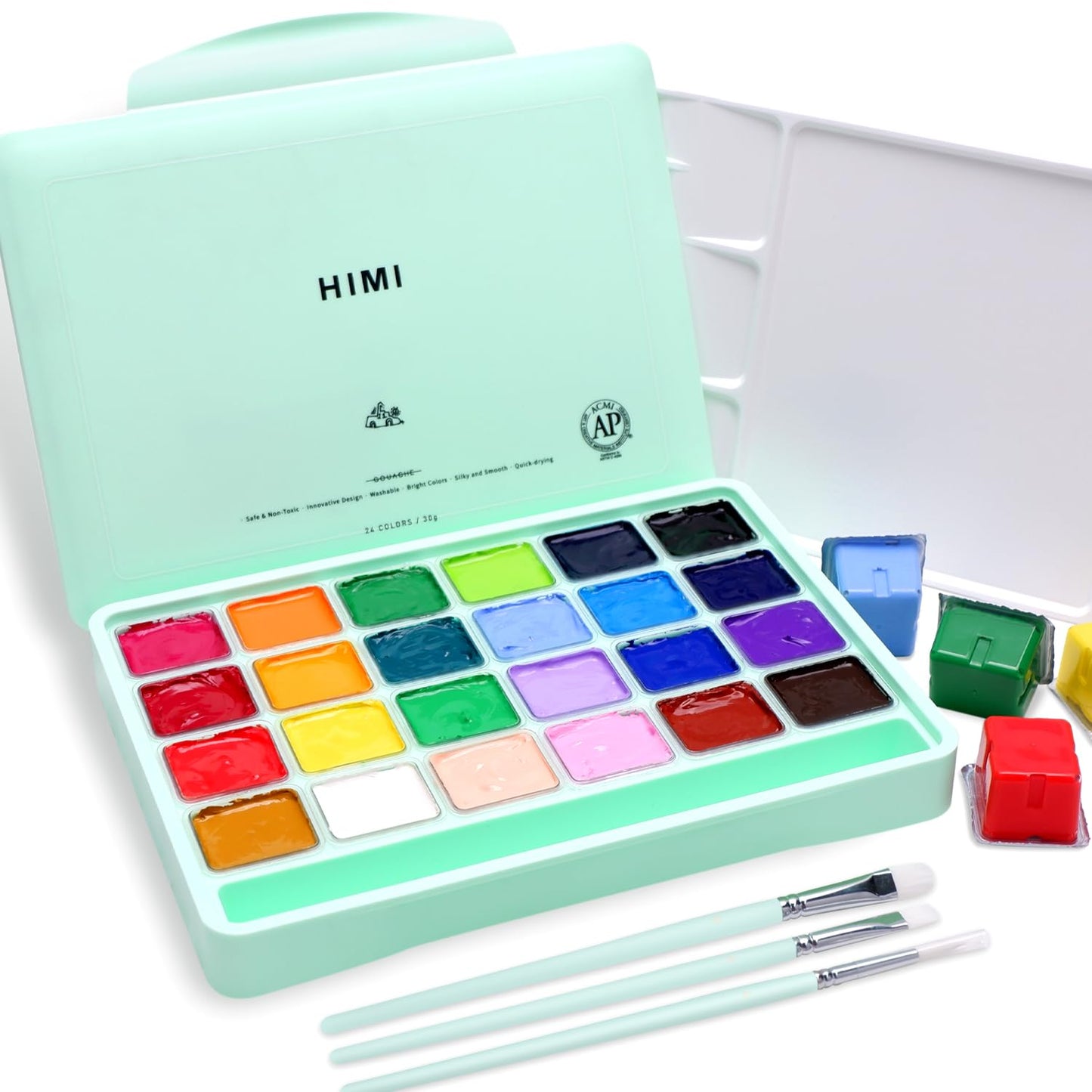 Gouache Paint Set, 24 Colors x 30ml Unique Jelly Cup Design with 3 Paint Brushes and a Palette in a Carrying Case, Non-Toxic Gouache Paint Perfect for Artists, Students(Green)
