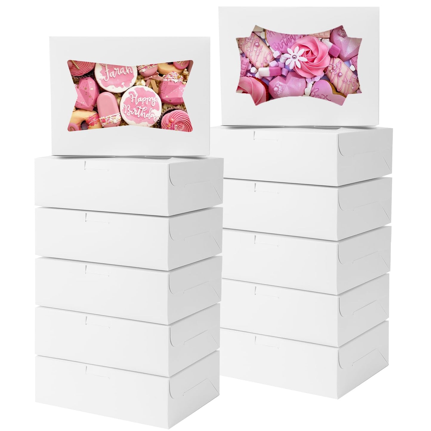50pcs Cookie Boxes with Window, 8x6x2.5 Inches 2 Style Window Bakery Boxes for Treats, Father's Day, Chocolate Covered Strawberries, Muffins, Donuts