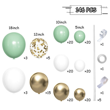 Sage Green White Gold Balloon Garland Arch Kit, 146Pcs Latex Balloons Different Sizes 18 12 10 5 Inch for Birthday Baby Shower Gender Reveal Wedding Party Decoration