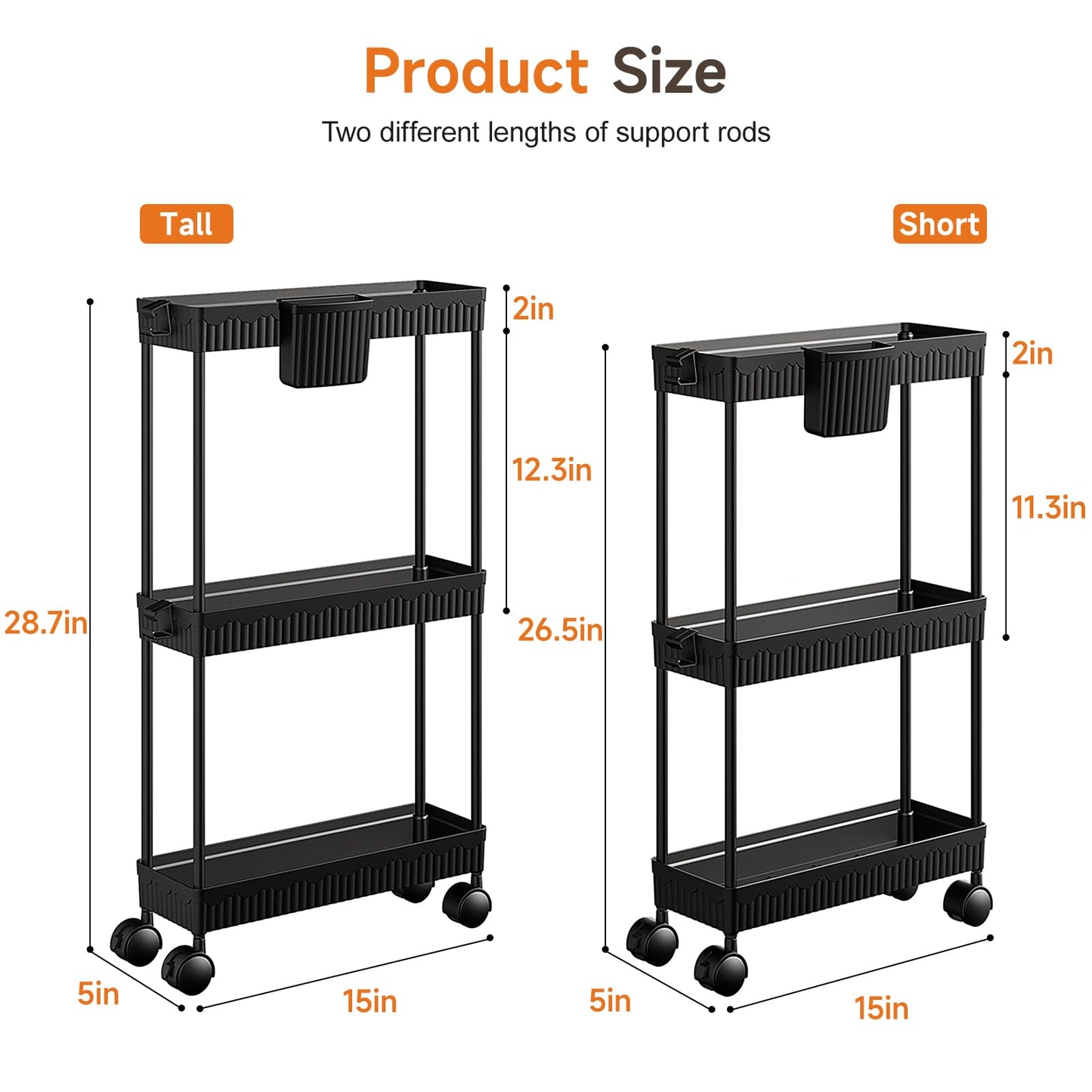 2-Pack Slim Storage Rolling Cart with Wheels, 3 Tier Utility Carts Bathroom Organizers and Storage, for Kitchen Narrow Place, Freely Combined into 3/4/5/6 Tier Shelves (Black, 3 Tier)