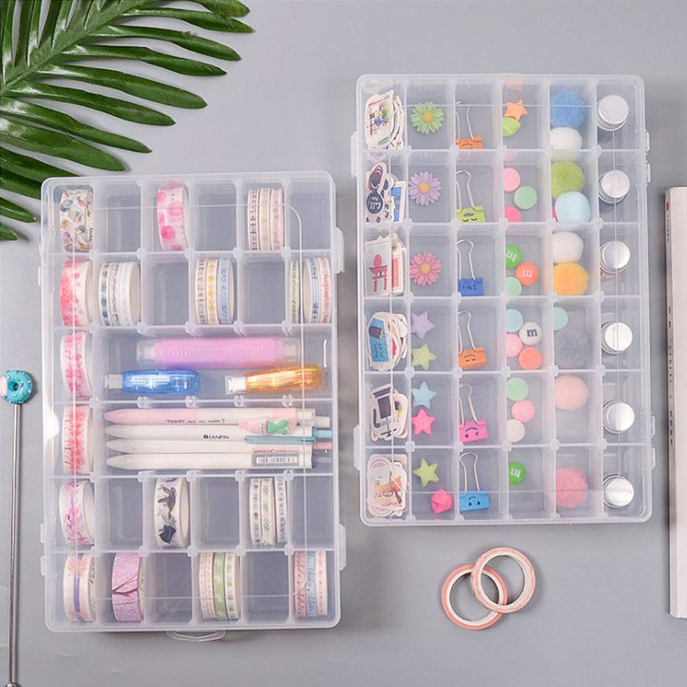 2 Pack 36 Grids Clear Plastic Bead Organizer Box, Fishing Tackle Box Compartment Organizer with Adjustable Dividers for Jewelry, Art Craft, Bead Storage Containers with 5 Sheets Label Stickers