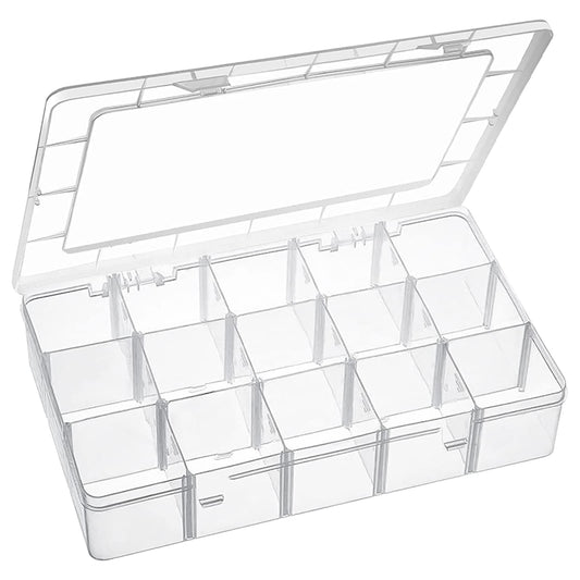 15 Large Grids Plastic Organizer Box with Dividers, Exptolii Clear Compartment Container Storage for Washi Tapes Beads Crafts Jewelry Fishing Tackles, Size 11 x 6.3 x 2.2 in