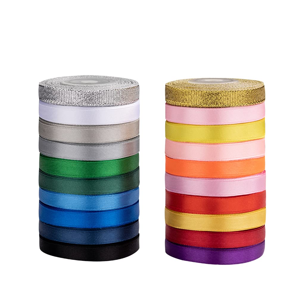 20 Colors 300 Yard Double Faced Rainbow Satin Ribbon -18 Ribbon Rolls & 2 Glitter Metallic Ribbon,3/8" X 15 Yard/Roll,Perfect for Christmas Gift Wrapping,Hair Bows & Other Craft Projects