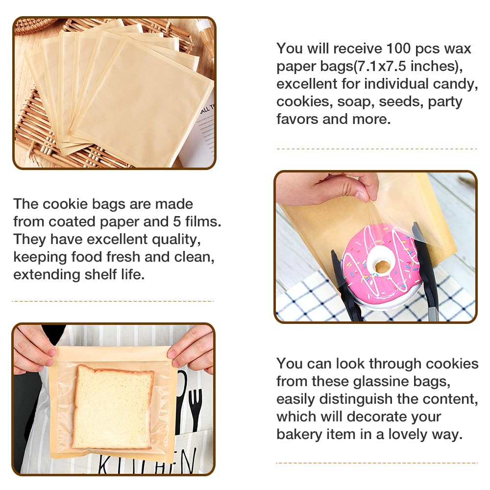 100 Pcs Bakery Bags with Window, 7.1 x 7.5 Inches Paper Sandwich & Donut Bags for Treat, Snack & Cookie Packaging (Brown)
