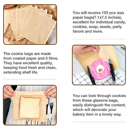 100 Pcs Bakery Bags with Window, 7.1 x 7.5 Inches Paper Sandwich & Donut Bags for Treat, Snack & Cookie Packaging (Brown)