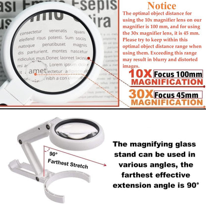 30X 10X Magnifying Glass with Light and Stand, Foldable Handheld Magnifying Glass & 2 Level Dimmable for Macular Degeneration, Seniors Reading, Close Work, Coins, Jewelry, Powered by Battery or USB