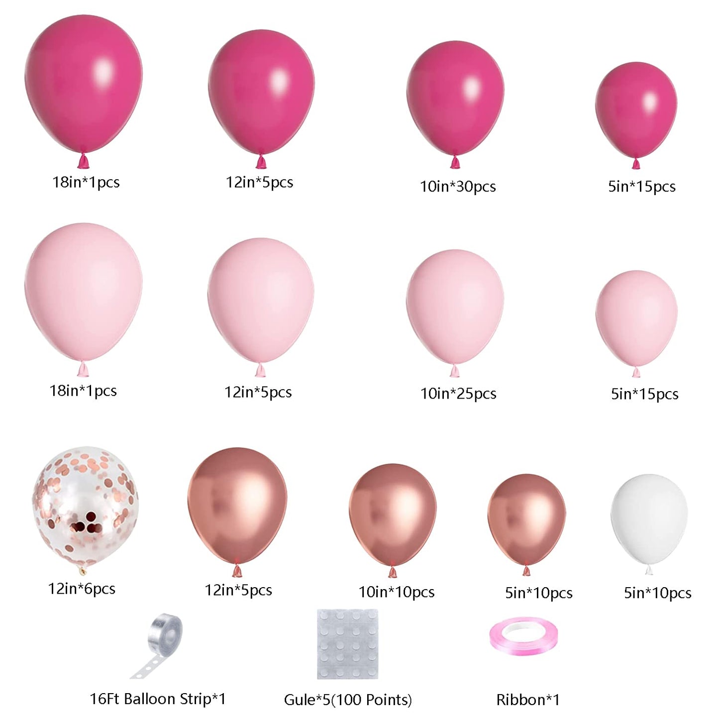 Pink Balloon Garland Arch Kit with Different Size Hot Pink White Metallic Rose Gold Confetti Balloons for Birthday Princess Theme Baby Shower Wedding Valentine's Party Decorations